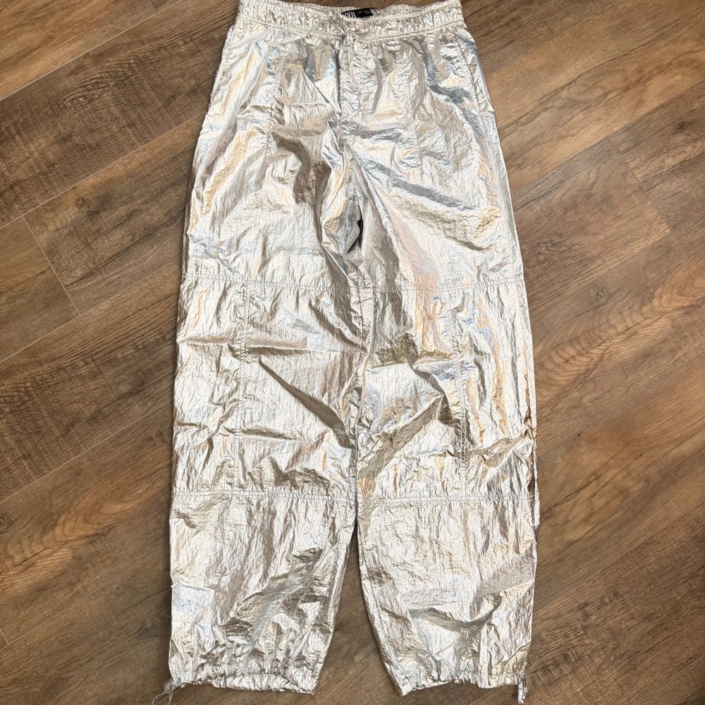 Zara Metallic Silver Parachute Space Track Pant Women S Wide Leg Drawstring Foil